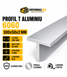 Profil T aluminiu 100 x 50 x 2 mm, 6 metri